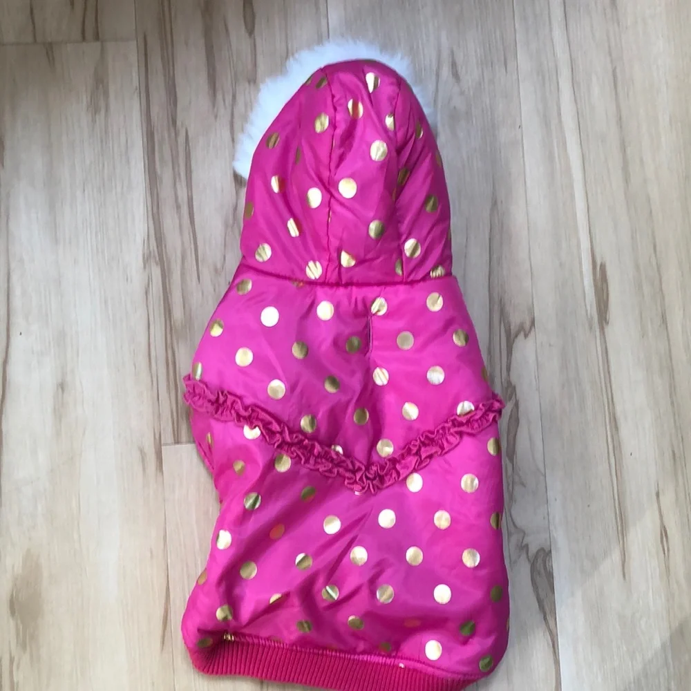 Top Paw Pink Ruffled Gold Metallic Dots Puffy Fleece Lined Hoodie Jacket Coat M